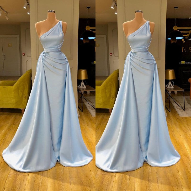 New Arrival Sky Blue Sheath Ruffles One-Shoulder Prom Dress-BallBride