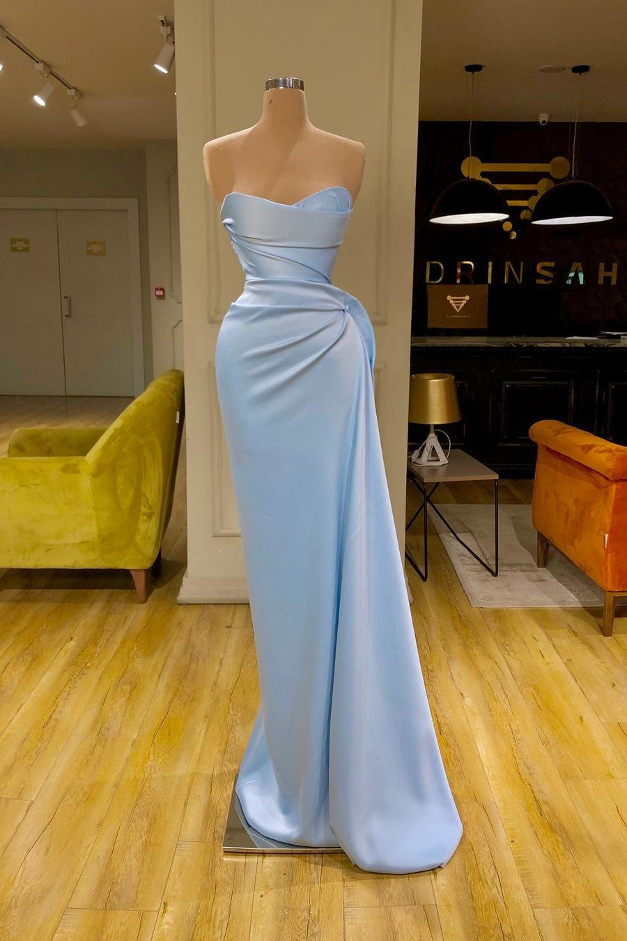 New Arrival Sky Blue Sheath Ruffles Sweetheart Prom Dress-BallBride