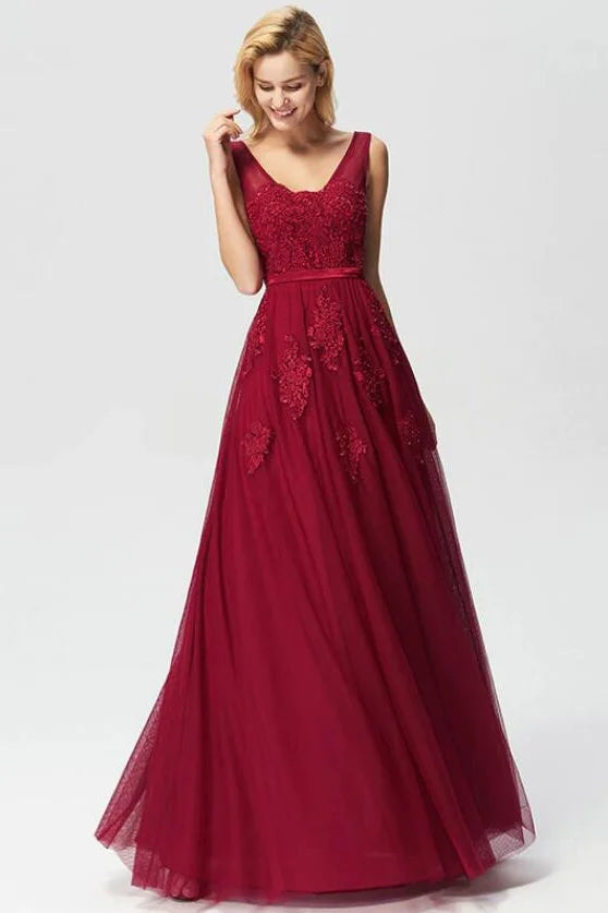 New Arrival Sleeveless Lace Appliques Long Evening Prom Dress Online-BallBride