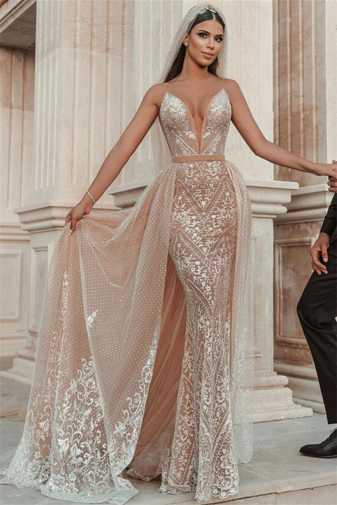 New Arrival Spaghetti-Straps Mermaid Wedding Dress With Appliques Ruffles-BallBride