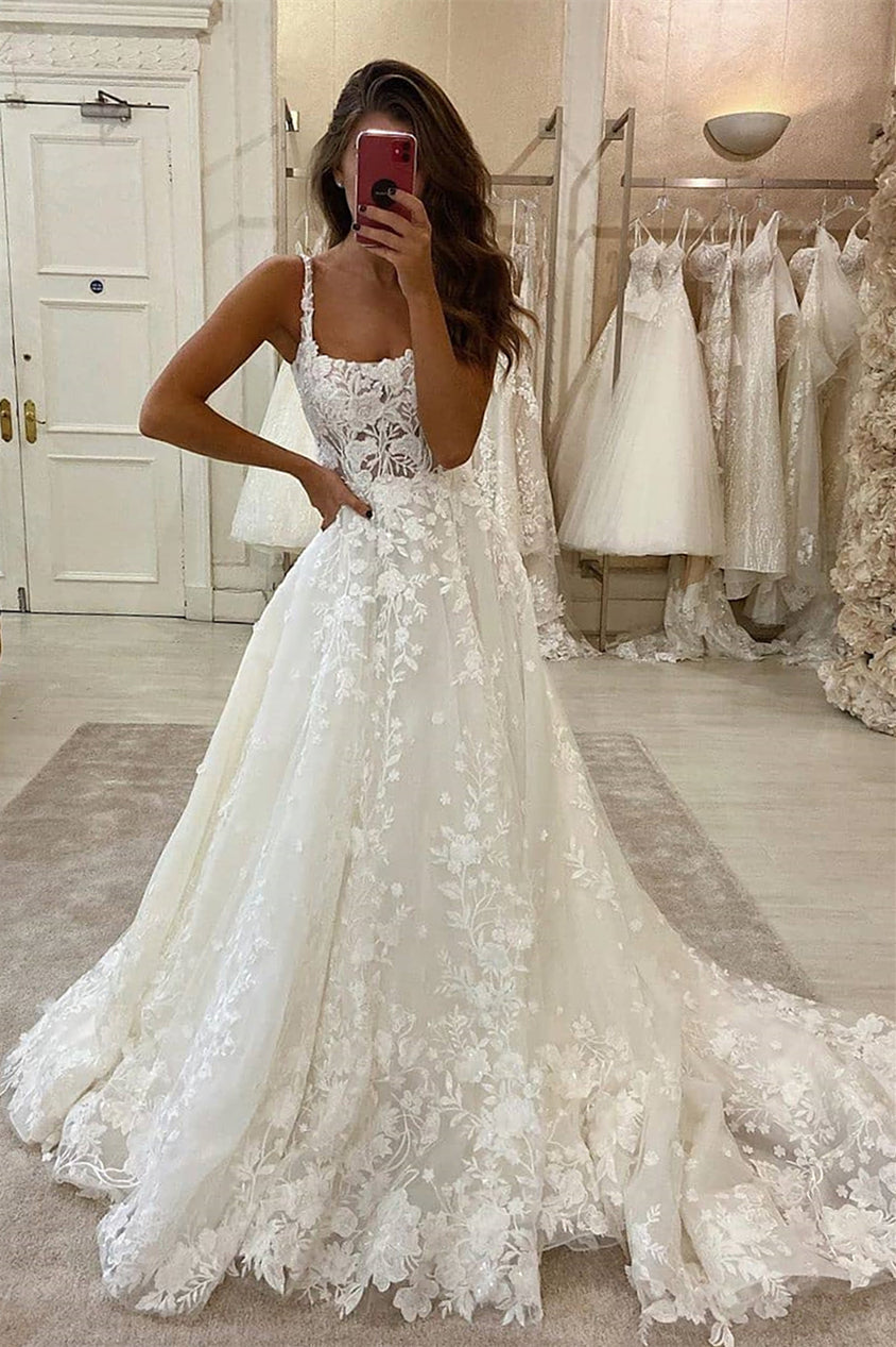 New Arrival Straps Sleeveless Wedding Dress with Lace Appliques Long-BallBride
