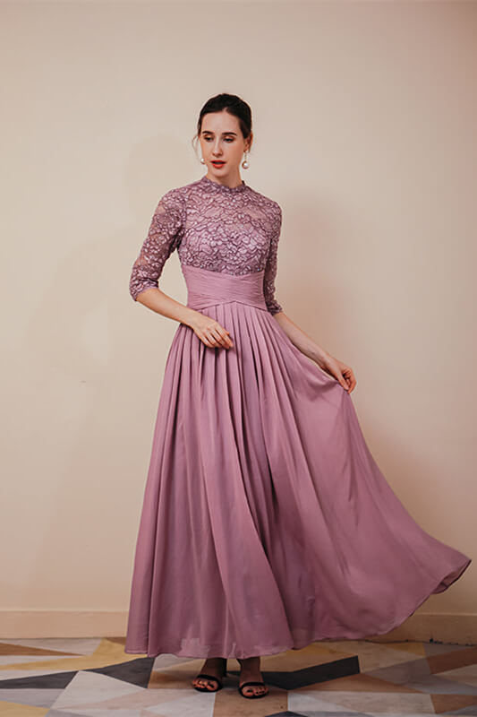 New Arrival Wisteria Half Sleeves Chiffon Prom Dress Long With Lace-BallBride