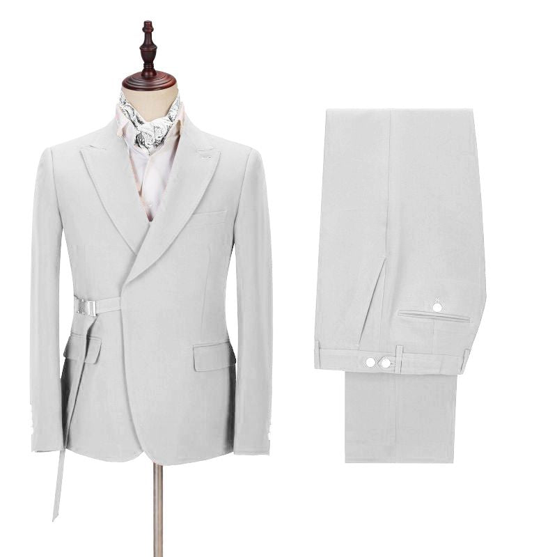 New Arrive Silver Reception Suits With Peaked Lapel and Adjustable Buckle-BallBride