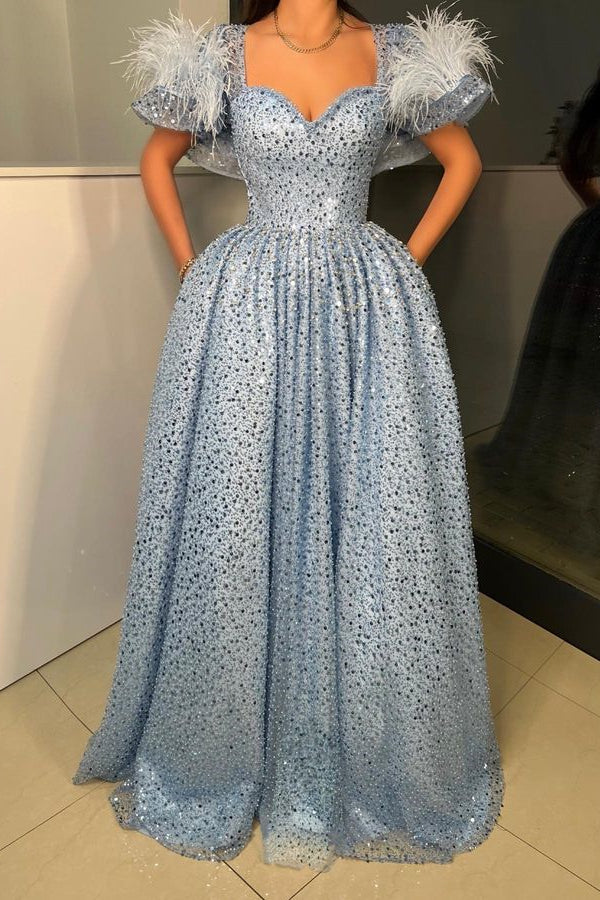 New Feather & Sequins Beads Light Blue Short Sleeves Prom Dress-BallBride