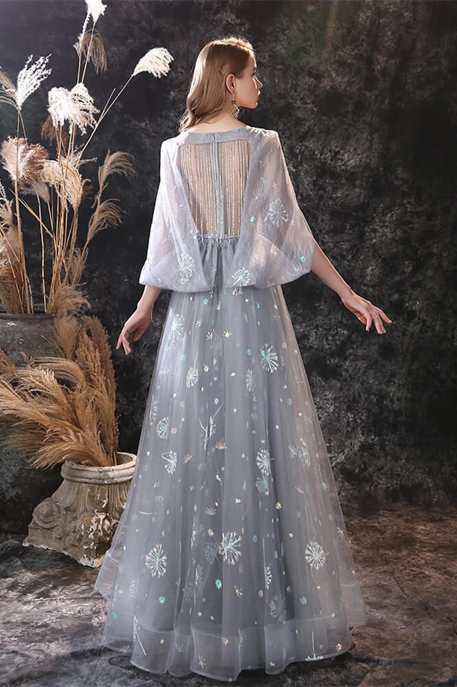 New Grey Ruffles Long Prom Dress Tulle with Embroidery-BallBride