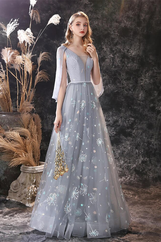 New Grey Ruffles Long Prom Dress Tulle with Embroidery-BallBride