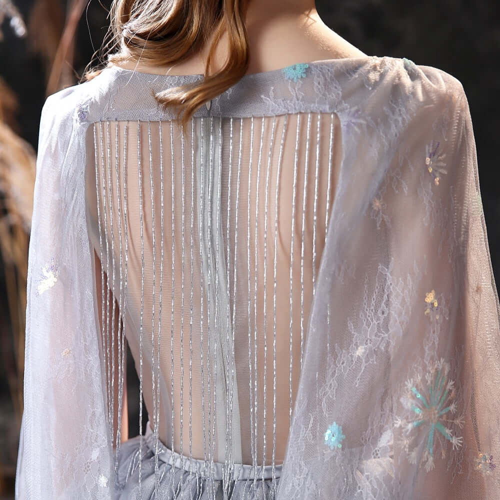 New Grey Ruffles Long Prom Dress Tulle with Embroidery-BallBride