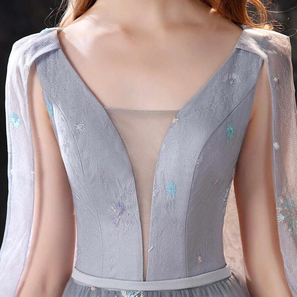 New Grey Ruffles Long Prom Dress Tulle with Embroidery-BallBride