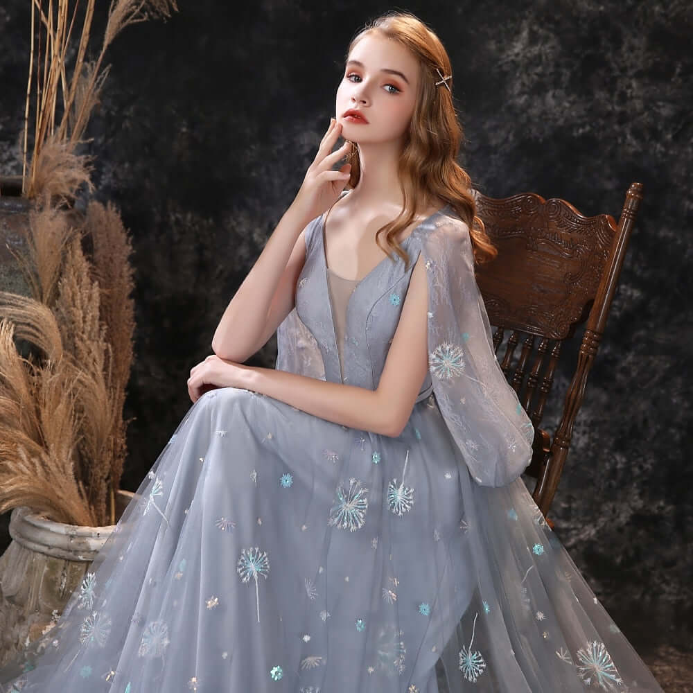 New Grey Ruffles Long Prom Dress Tulle with Embroidery-BallBride