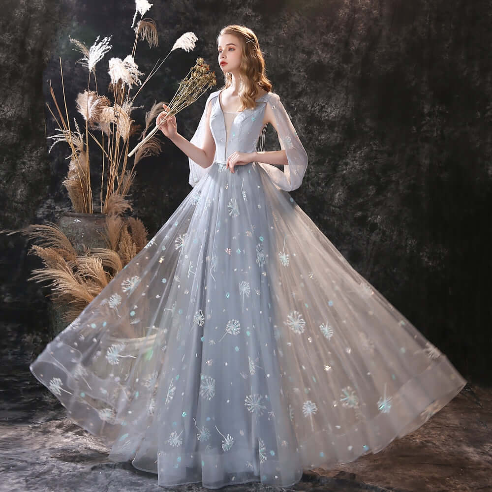 New Grey Ruffles Long Prom Dress Tulle with Embroidery-BallBride