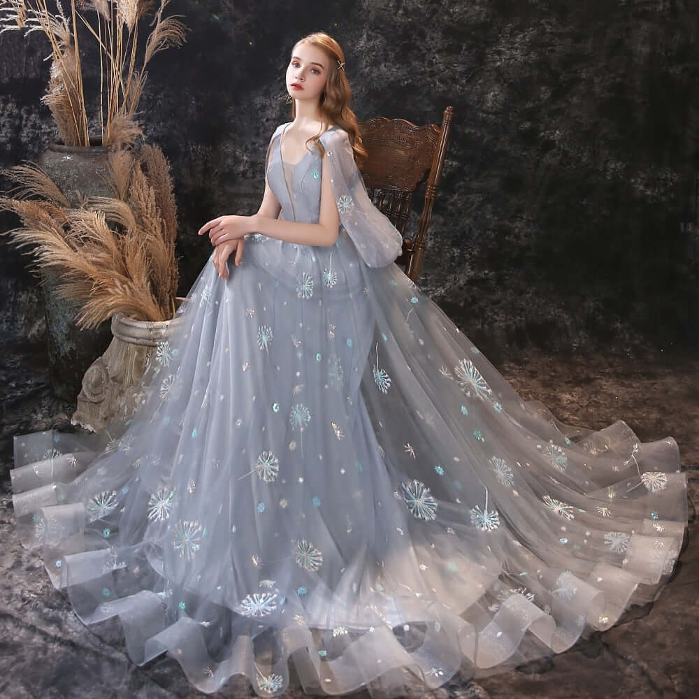 New Grey Ruffles Long Prom Dress Tulle with Embroidery-BallBride