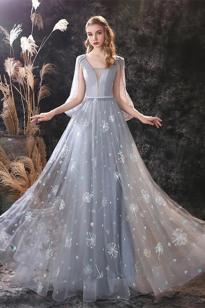 New Grey Ruffles Long Prom Dress Tulle with Embroidery-BallBride