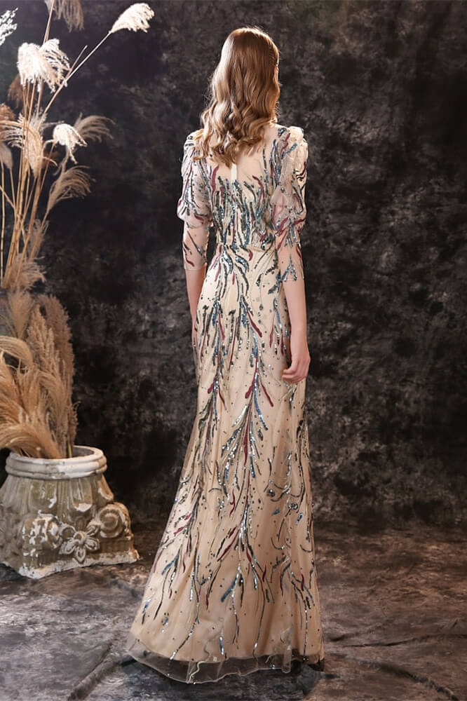 New Half Sleeves Sequins Mermaid Prom Gown w/ Sheer Long Sleeves-BallBride