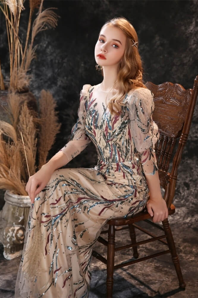 New Half Sleeves Sequins Mermaid Prom Gown w/ Sheer Long Sleeves-BallBride