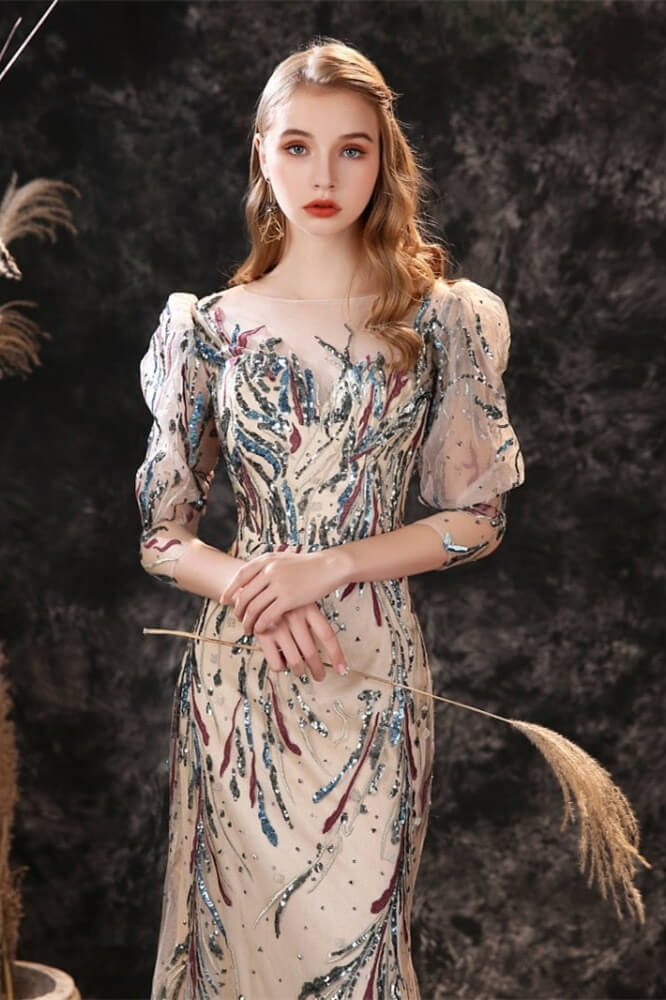 New Half Sleeves Sequins Mermaid Prom Gown w/ Sheer Long Sleeves-BallBride