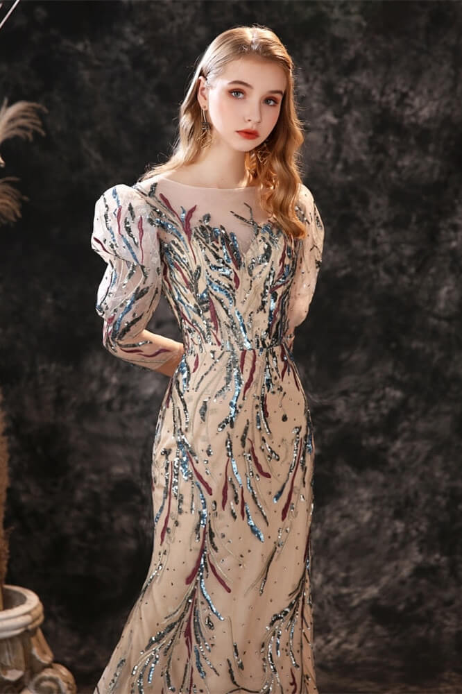 New Half Sleeves Sequins Mermaid Prom Gown w/ Sheer Long Sleeves-BallBride