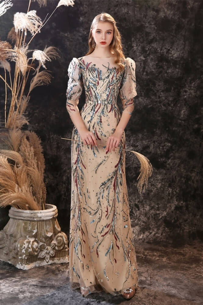 New Half Sleeves Sequins Mermaid Prom Gown w/ Sheer Long Sleeves-BallBride