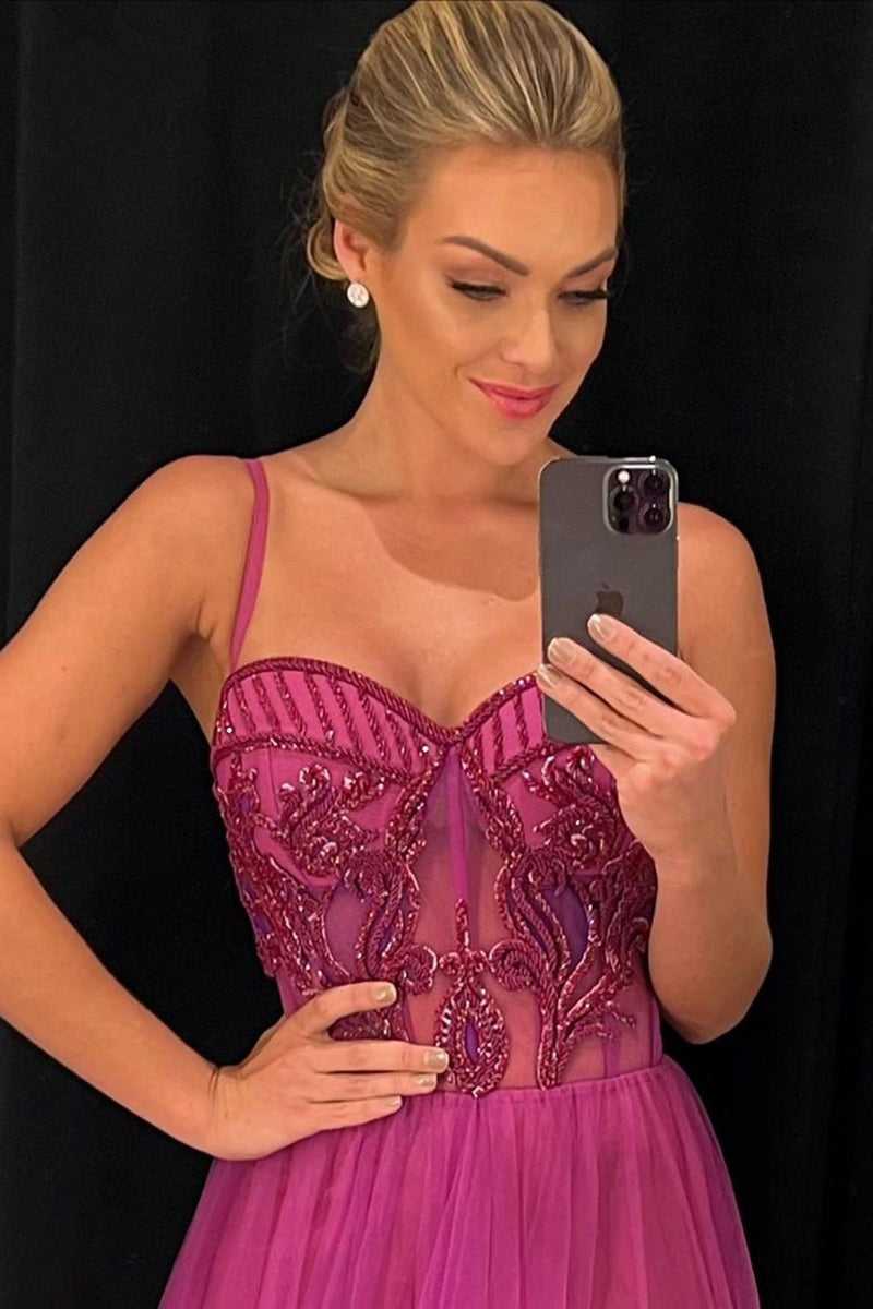 New Hot Pink Tulle Prom Dress with Spaghetti-Straps and Beads-BallBride