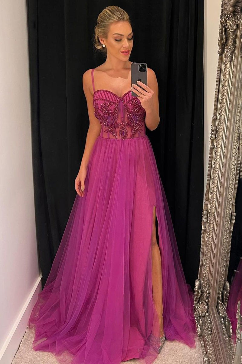 New Hot Pink Tulle Prom Dress with Spaghetti-Straps and Beads-BallBride