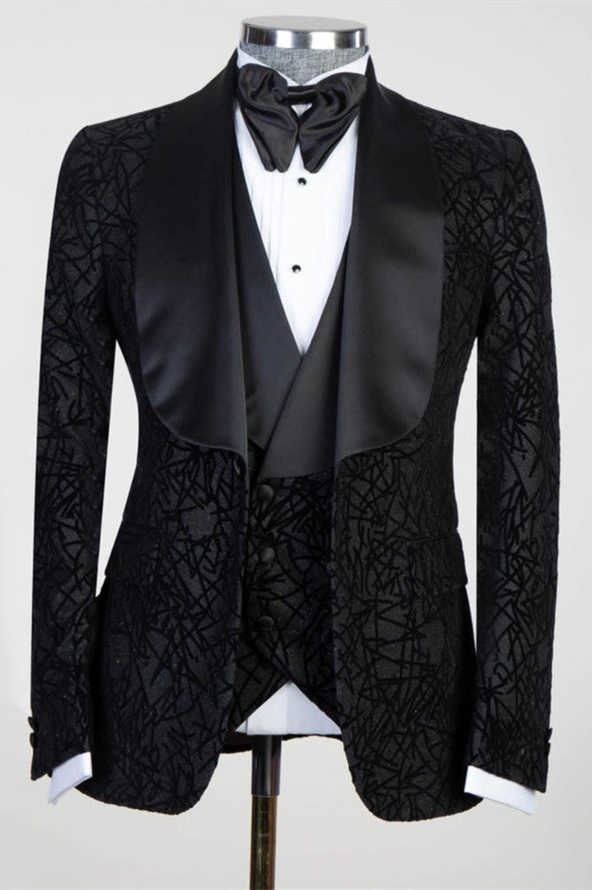 Newest Black Three Pieces Shawl Lapel Jacquard Men Suits by Darren-BallBride