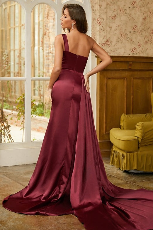 Newest Burgundy One Shoulder Side Slit Sequins Prom Dresses-BallBride