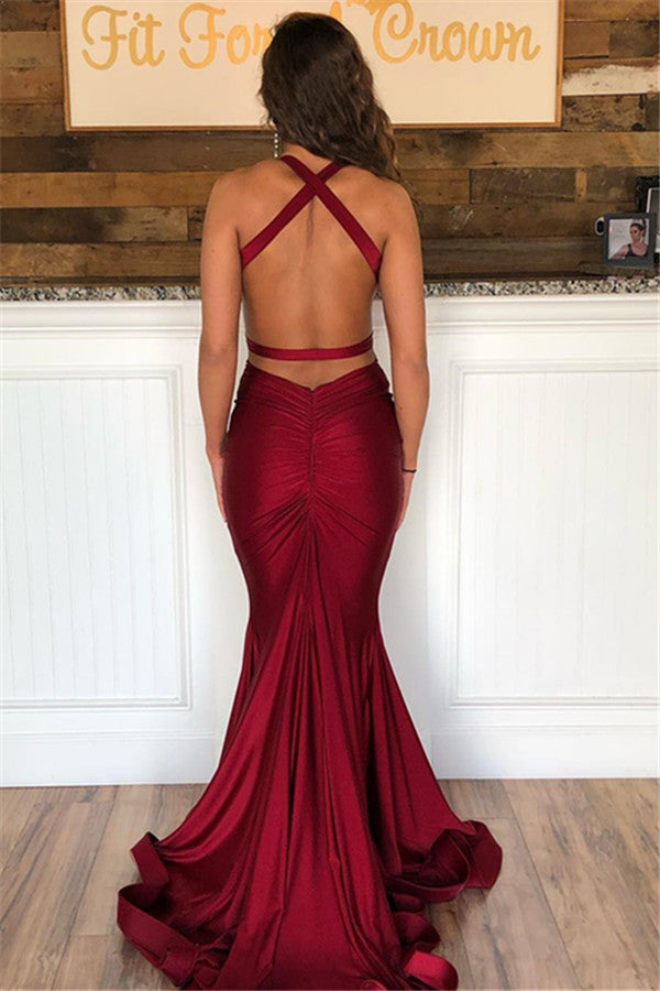 Newest Burgundy V-Neck Straps Criss-Cross Mermaid Prom Dress-BallBride
