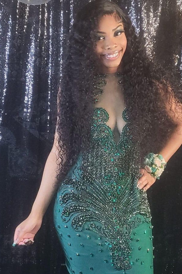 Newest Dark Green Crystal Mermaid Prom Dresses with Beadings-BallBride