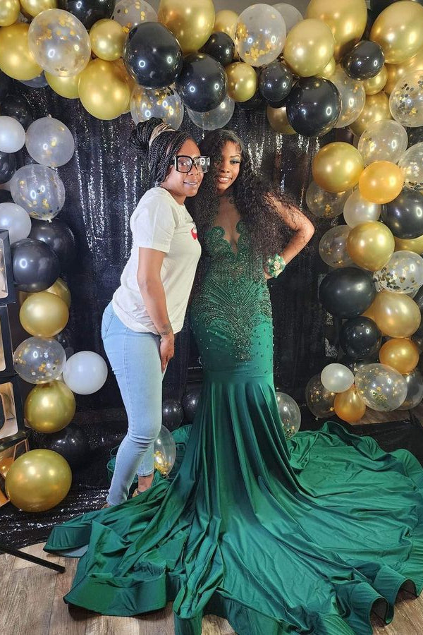 Newest Dark Green Crystal Mermaid Prom Dresses with Beadings-BallBride