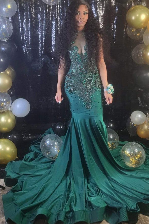 Newest Dark Green Crystal Mermaid Prom Dresses with Beadings-BallBride