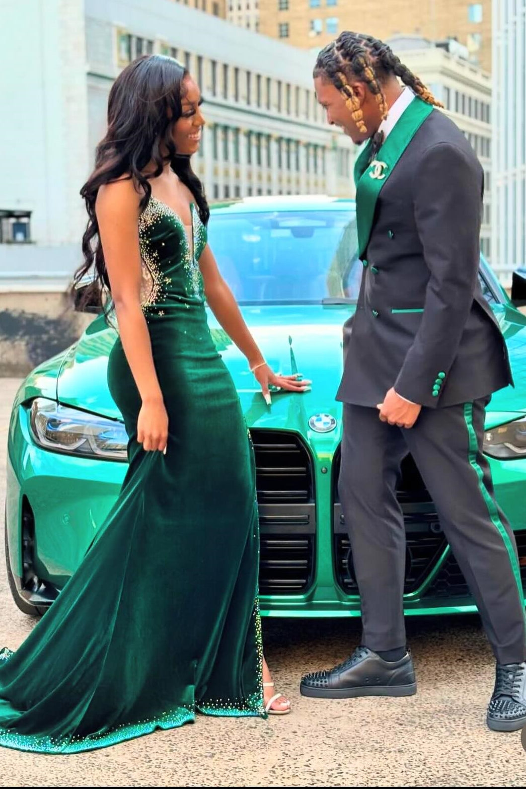 Newest Dark Green Velvet Sweetheart Side Slit Prom Dress with Beads-BallBride