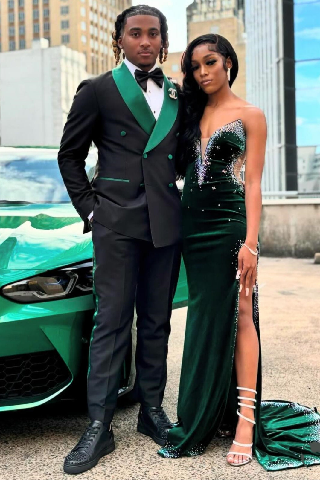 Newest Dark Green Velvet Sweetheart Side Slit Prom Dress with Beads-BallBride