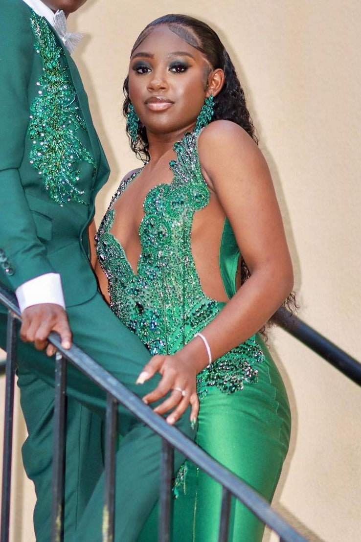 Newest Green Sleeveless Crystal Mermaid Jewel Prom Dress-BallBride