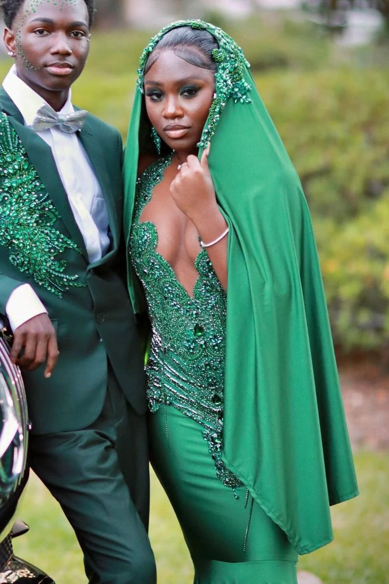 Newest Green Sleeveless Crystal Mermaid Jewel Prom Dress-BallBride