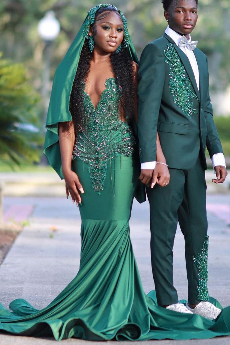 Newest Green Sleeveless Crystal Mermaid Jewel Prom Dress-BallBride