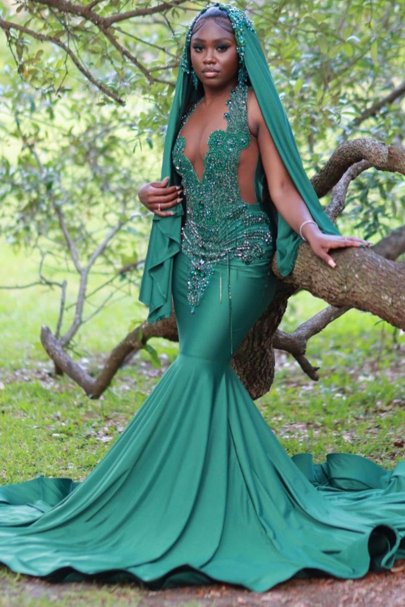 Newest Green Sleeveless Crystal Mermaid Jewel Prom Dress-BallBride