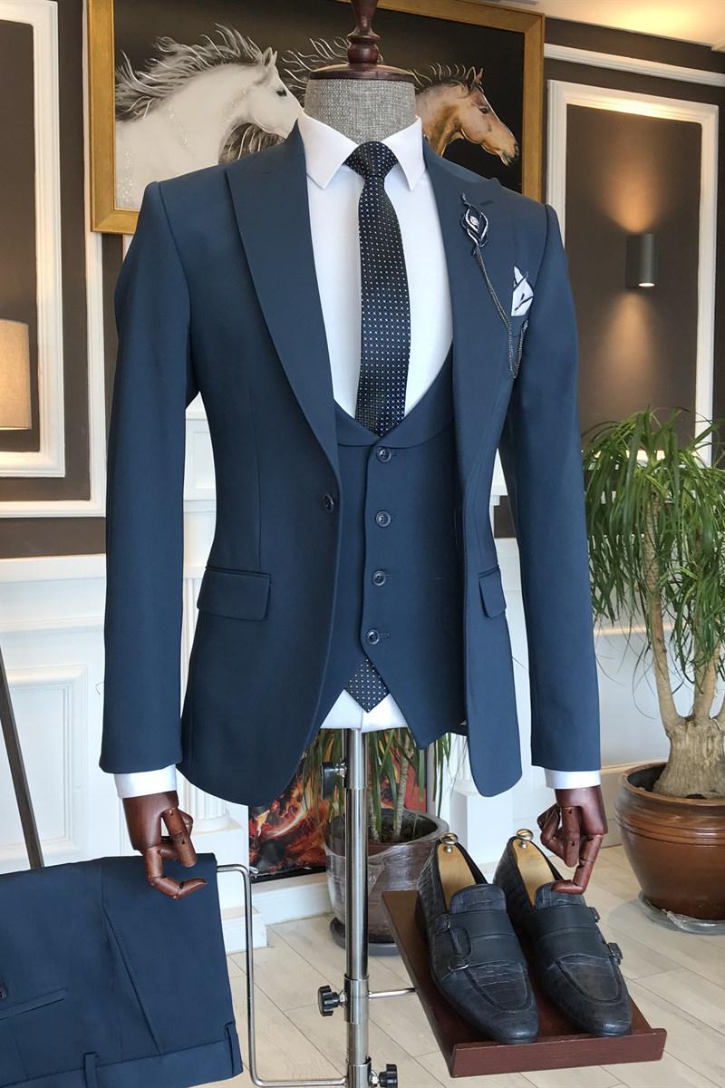 Newest Navry Peaked Lapel Three Pieces Men Suits - Perfect For Business-BallBride