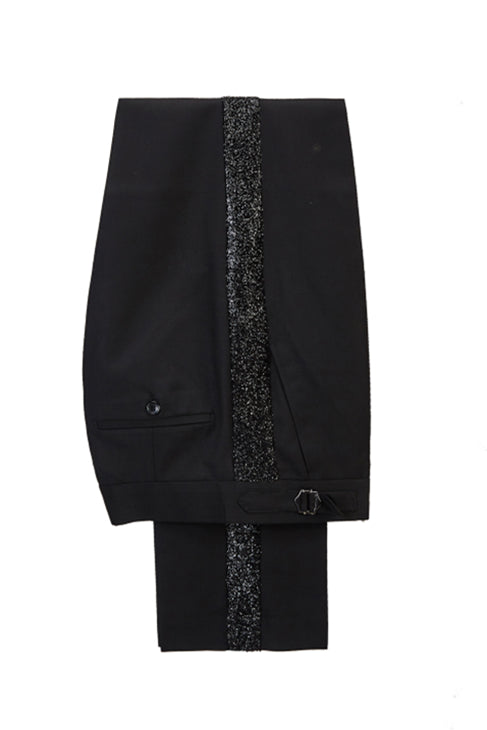 Newest Peak Lapel Sparkle Black Tuxedo with Bright Red Stitching-BallBride