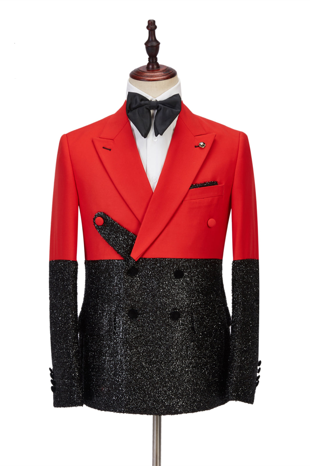 Newest Peak Lapel Sparkle Black Tuxedo with Bright Red Stitching-BallBride
