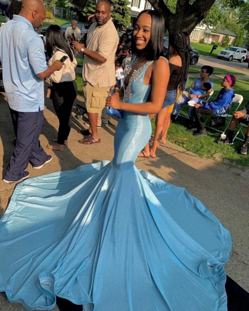 Newest Sky Blue V-Neck Appliques Sleeveless Prom Dress-BallBride