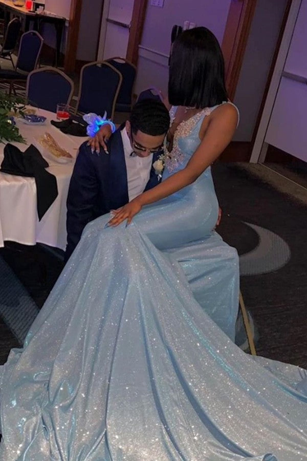 Newest Sky Blue V-Neck Appliques Sleeveless Prom Dress-BallBride