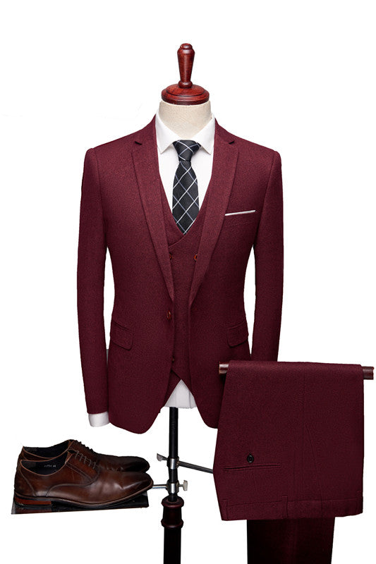 Notch Collar 3 Piece Red Suit For Men's Prom Look-BallBride