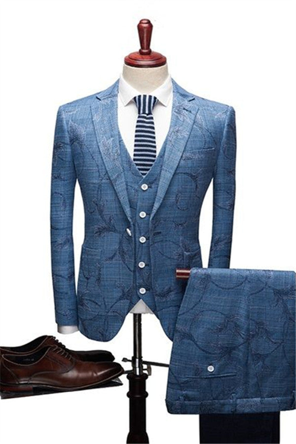 Ocean Blue Designer Suits for Prom - Notched Lapel Print for Men-BallBride