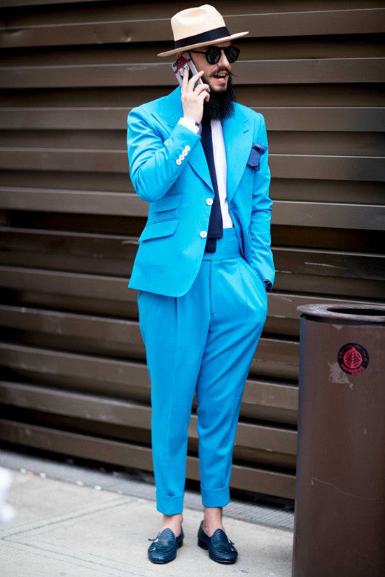 Ocean Blue Designer Wedding Suits for Men with Peaked Lapel-BallBride