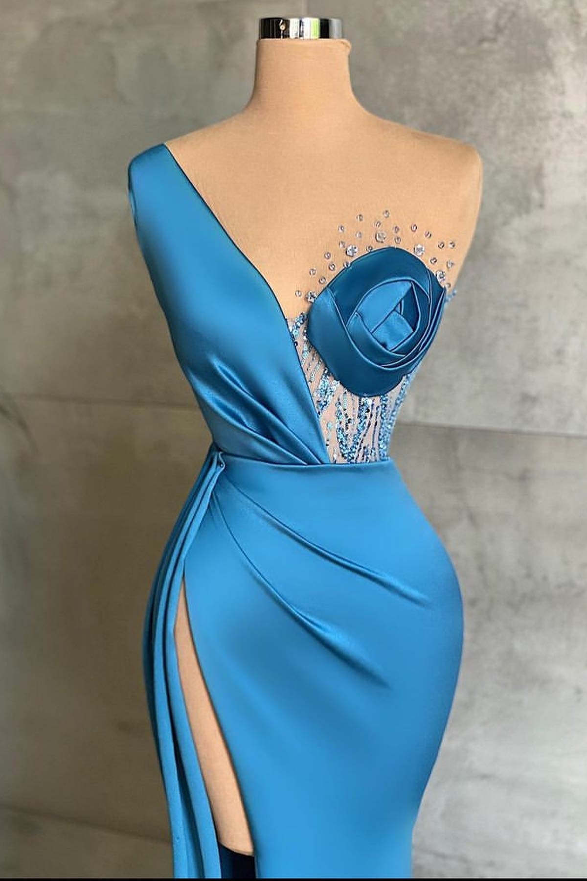 Ocean Blue Mermaid Prom Dress with Slit for One Shoulder Style-BallBride