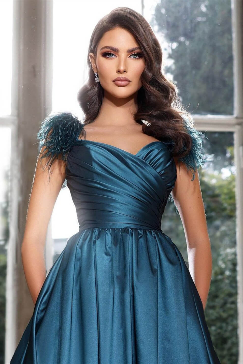 Off The Shoulder A-Line Ruched Satin Floor Length Prom Dress with Fur-BallBride