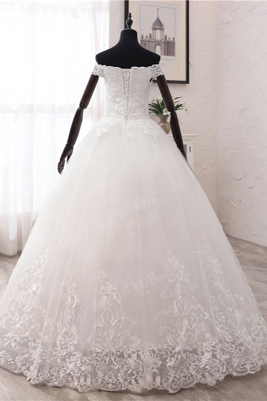 Off-the-shoulder Ball Gown Wedding Dress with Tulle and Lace Appliques-BallBride