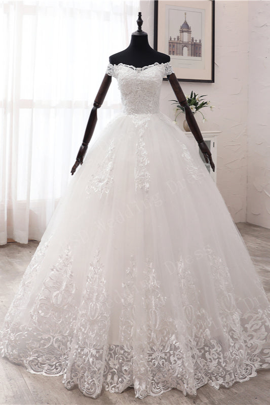 Off-the-shoulder Ball Gown Wedding Dress with Tulle and Lace Appliques-BallBride