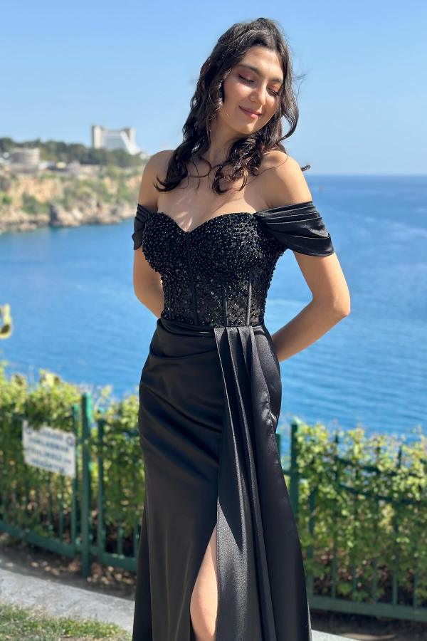 Off The Shoulder Blace Draped Satin Prom Dress with Beads and Slit-BallBride