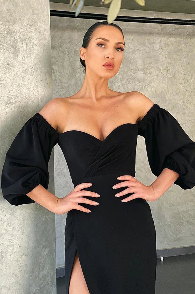 Off-the-Shoulder Bubble Sleeves Mermaid Prom Dress Long Evening Gowns With Slit-BallBride