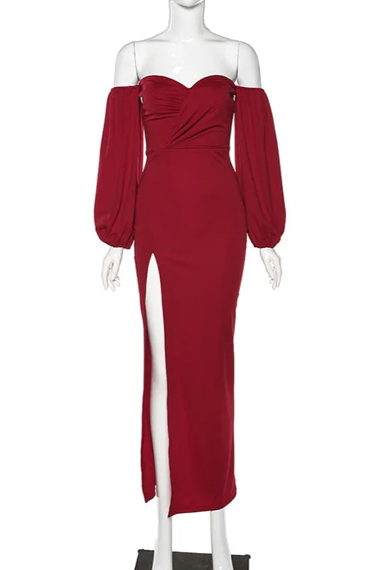 Off-the-Shoulder Bubble Sleeves Mermaid Prom Dress Long Evening Gowns With Slit-BallBride